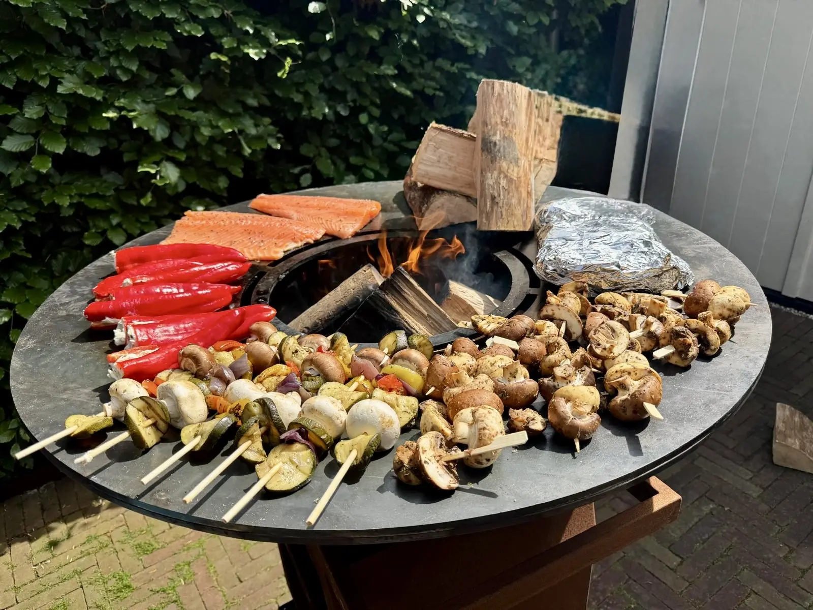 Spiesjes en zalm op de houtgestookte plancha
